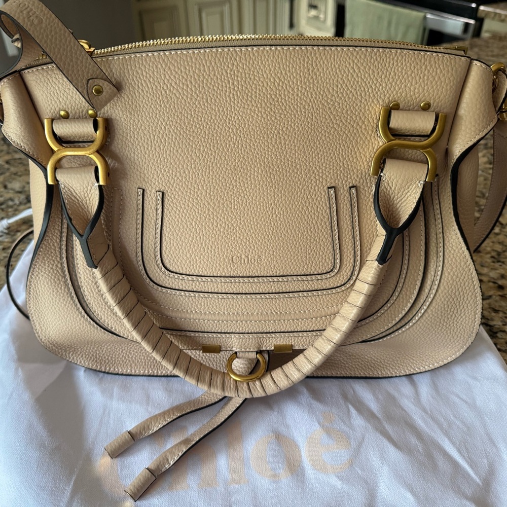 Chloe Marcie Cream Leather Saddle Bag with Gold Accents